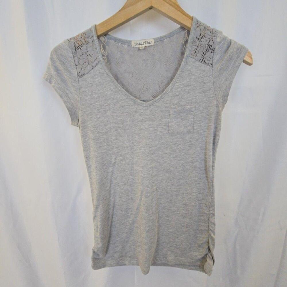 Wishful Park Shirt Juniors Large Gray Lace Shoulder Scoop Neck Pocket Tee Top